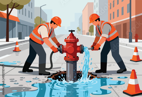 Two construction workers in safety vests and hard hats repair a gushing red fire hydrant on a city street