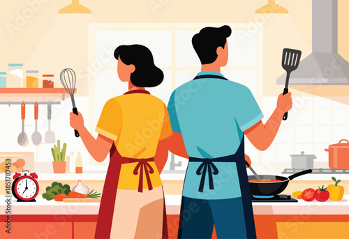 A couple prepares food together in a modern, well-lit kitchen