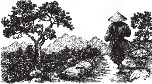 Landscape illustration of a man walking on a path with mountains in the background. Detailed vector art featuring trees and rural scenery.