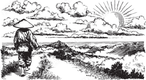 Man walking on a path in a scenic landscape. Vintage black and white vector illustration featuring mountains, clouds, and the sun in the background.