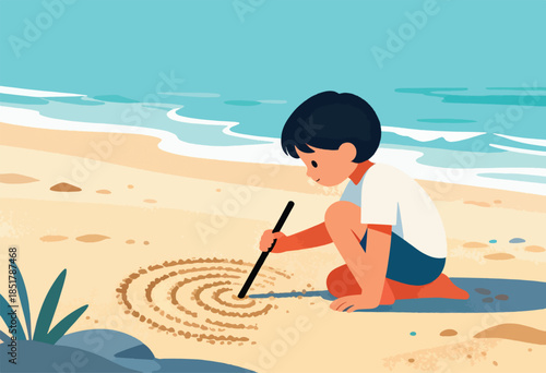 Child drawing in sand by the ocean