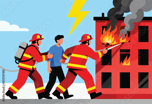 Firefighters rescue person from burning building during lightning storm