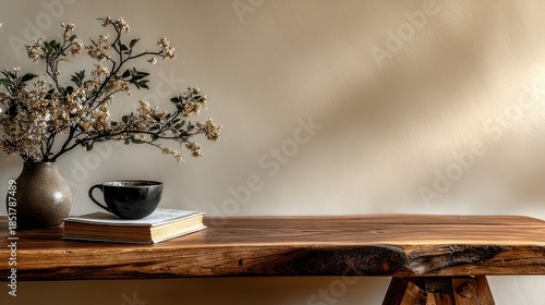A close up of a rustic wooden table with a textured vase holding dry flowers and a dark coffee cup on a book. Soft sunlight creates shadows on the wall.