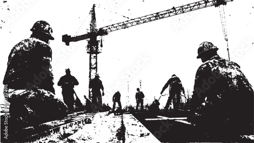 Silhouetted construction workers on site with a crane. Black and white vector illustration depicting labor and effort in industrial projects.