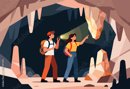 Two adventurers explore a dimly lit cave with geological formations