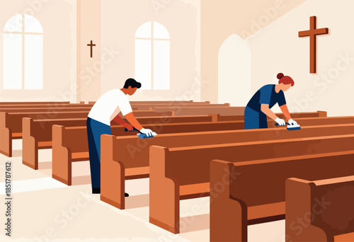 Two people cleaning church pews