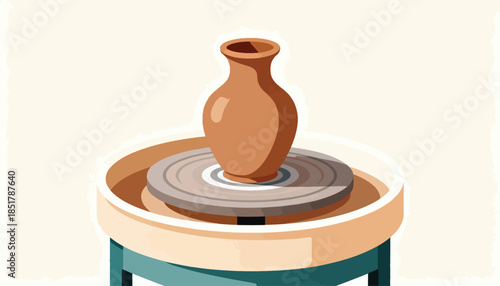 Rustic clay vase on a potter's wheel, set against a soft, textured background