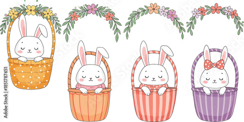 Colorful easter eggs with floral wreaths and ribbons on white background