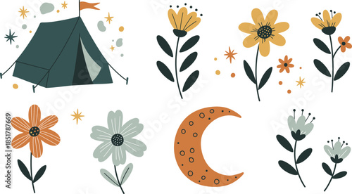 Whimsical illustration of tent flowers moon camping outdoor scene