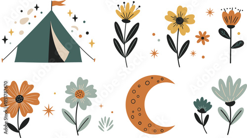 Whimsical illustration of tent flowers moon and stars in a dreamy scene