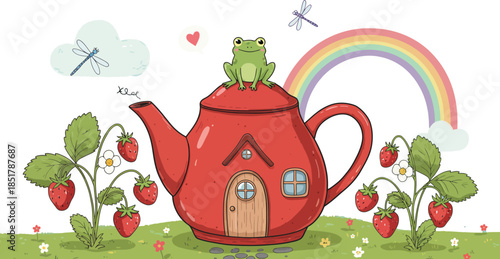 Whimsical red teapot with rainbow and carrots in garden scene