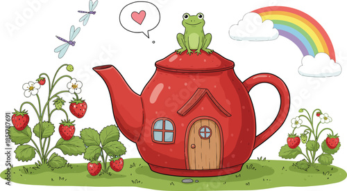 Whimsical red teapot house with strawberry plants and rainbow