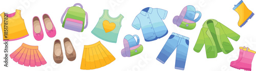 Children's fashion vector set, colorful kids clothing, shoes, backpacks, mugs, skirts, jeans, jackets, tops, boots, accessories, flat lay illustration