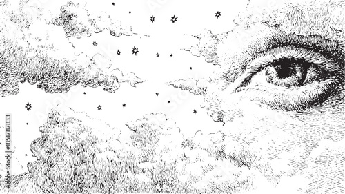 Eye observing clouds and stars. Vintage black and white vector illustration with intricate details presenting a whimsical artistic perspective.