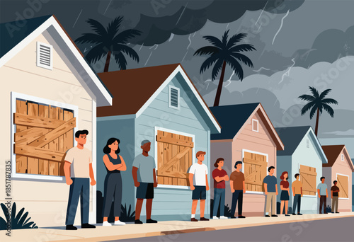 Residents brace for a storm as homes are boarded up under dark, stormy skies