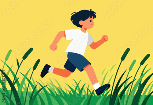Young boy running through tall grass and reeds on a bright yellow day