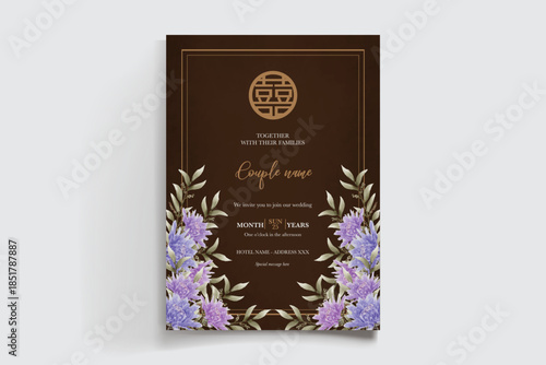WEDDING INVITATION FRAME WITH FLOWER DECORATIONS AND FRESH LEAVES