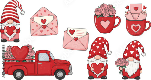 Valentine s day gnomes in a red truck with hearts and flowers