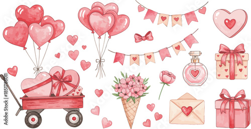 Watercolor valentine s day decorations and gifts in pastel pink hues