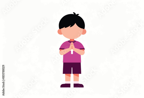 Animated boy with black hair and pink shirt, hands pressed together in greeting