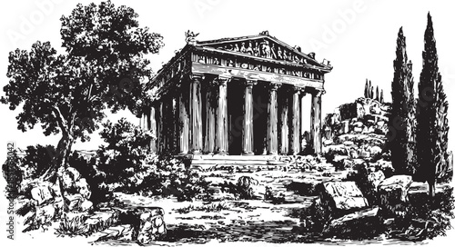 Vintage engraving of a Greek temple. Detailed architecture illustration with stone pillars and surrounding landscape, vector set.