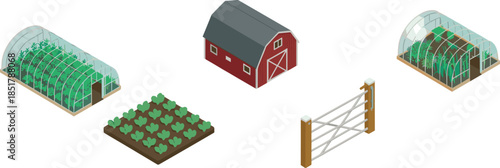 Farm vector set, greenhouse, barn, crop field, gate, agriculture elements, plant cultivation, rural landscape, farming concept, cartoon style illustration