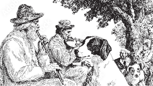 Musicians playing flute and violin outdoors with a dog. This black and white vector illustration captures traditional life in a peaceful set.