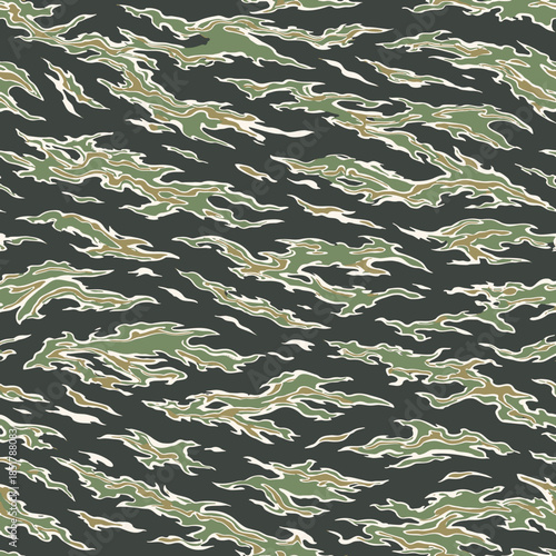 Seamless tiger stripe camouflage pattern background
Military jungle camo vector texture in green and black