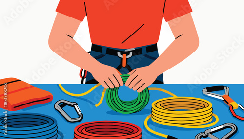 Person preparing climbing gear, including coiled ropes and carabiners