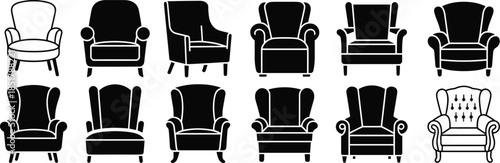 Armchair silhouette vector set, black furniture icons, modern, vintage, minimal chair designs, interior decor elements, home seating, stylish illustration
