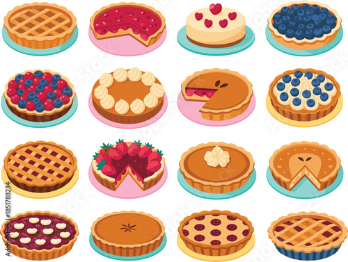 Pie and tart vector set, fruit toppings, cream-filled slices, lattice crust, dessert collection, colorful plates, cartoon style, bakery illustration