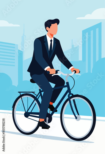 Man in suit cycling through city streets