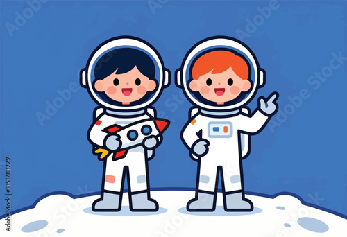 Two cartoon astronauts in white suits stand on a blue surface holding a rocket