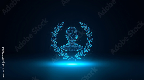 Glowing blue wireframe human head with laurel wreath on dark background