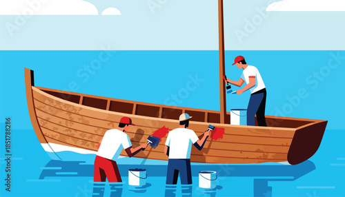 Two people in water painting a wooden boat red and white