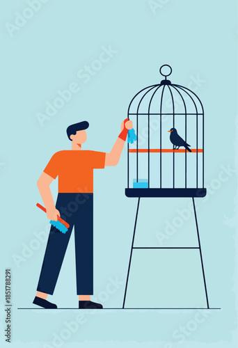 Person cleaning a birdcage with a brush and cloth