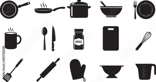 Collection of black and white kitchen utensils