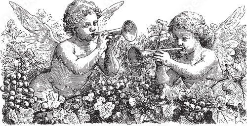 Angels playing trumpets in a vintage illustration. Black and white graphic of musicians surrounded by grapes in a decorative set. Vector illustration included.