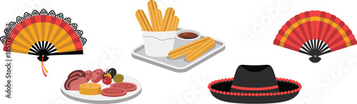 Mexican food and culture vector, churros, sombrero, traditional fans, festive cuisine, colorful illustration, heritage items, celebration concept, cartoon style