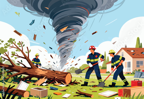 Emergency workers clear debris and a fallen tree after a tornado struck