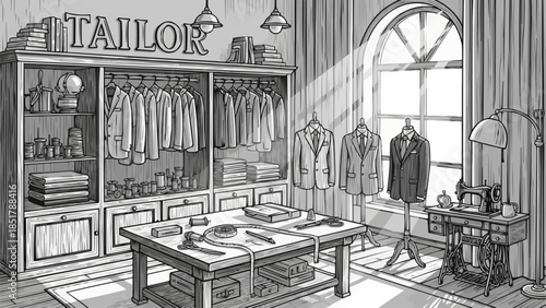 Tailor shop interior with suits and sewing table.