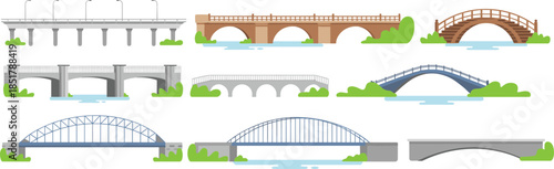 Bridge vector set, architectural styles, suspension bridge, stone arch, pedestrian crossing, urban design, water landscape, engineering concept, illustration collection