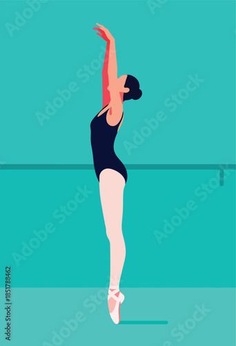Graceful dancer in pointe shoes on tiptoe, arms reaching up