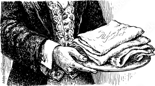 Vintage illustration of a serving hand with a platter. Detailed engraving showcasing classic style in vector format.