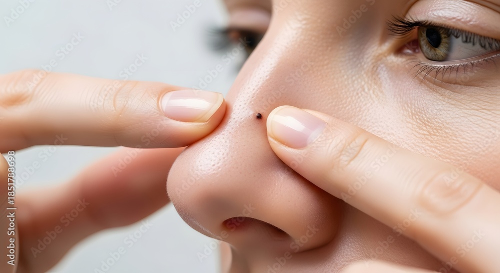 Naklejka premium Close-up of human hands squeezing a stubborn blackhead on a person's nose for a skincare problem and beauty treatment concept