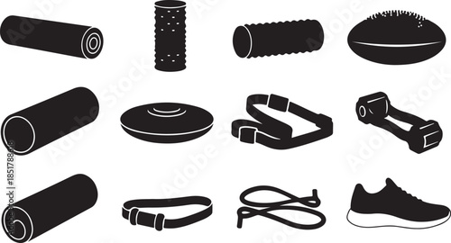 Fitness equipment silhouette icons set