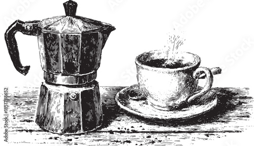 Coffee in a moka pot with a steaming cup. Vintage hand-drawn vector illustration set for kitchen or home decor.