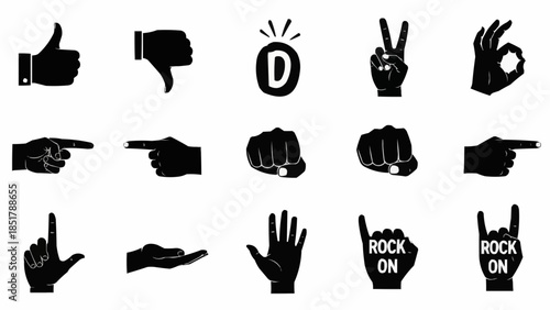 Collection of Black Hand Gestures and Symbols Icons Set.