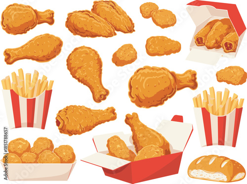 Fried chicken vector set, fast food illustration, drumsticks, wings, nuggets, French fries, cartoon style, takeout box design, snack collection
