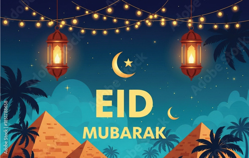 Eid Mubarak Night Background with Pyramids Lanterns and Moon